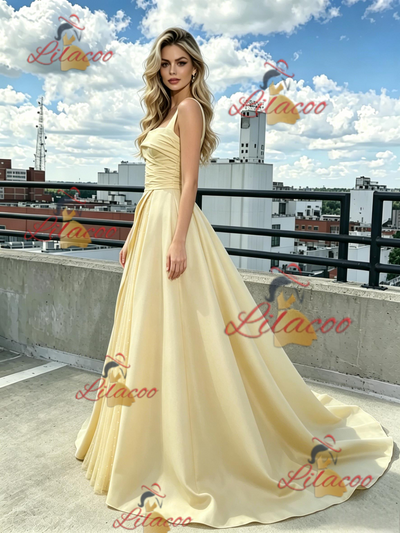 Yellow Tulle Satin Straps Prom Dress