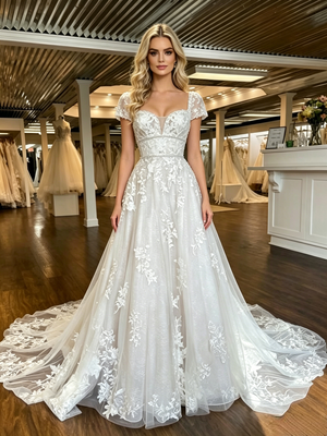 White Tulle Appliques Cap Sleeve Wedding Dress