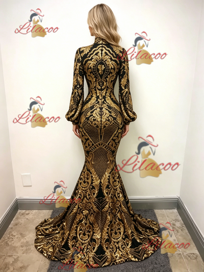 Gold Mermaid Sequins Long Sleeve Prom Dress
