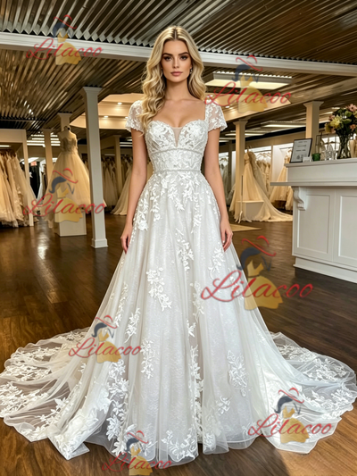 White Tulle Appliques Cap Sleeve Wedding Dress