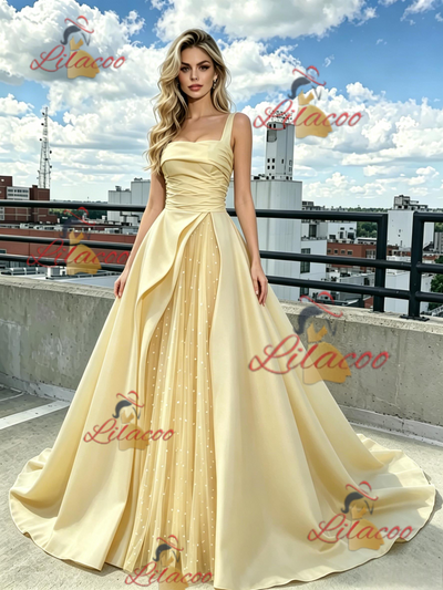 Yellow Tulle Satin Straps Prom Dress