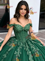 Green Tulle Off the Shoulder Appliques Quinceanera Dress