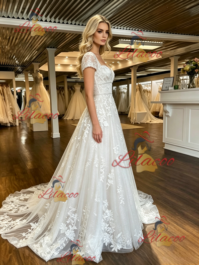 White Tulle Appliques Cap Sleeve Wedding Dress