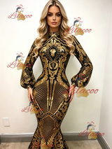 Gold Mermaid Sequins Long Sleeve Prom Dress