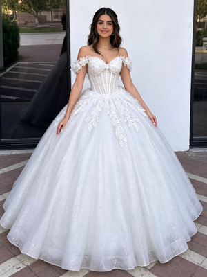 White Tulle Off the Shoulder Appliques Quinceanera Dress