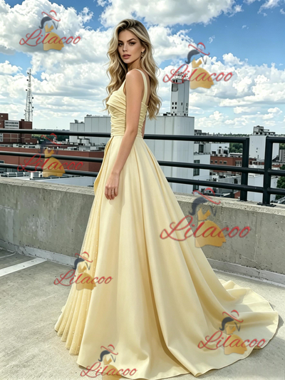 Yellow Tulle Satin Straps Prom Dress