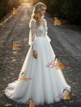 White Tulle Lace Long Sleeve Wedding Dress