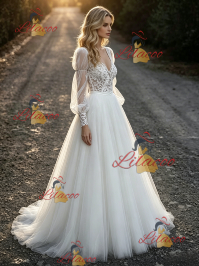 White Tulle Lace Long Sleeve Wedding Dress