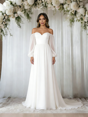 White Long Sleeve Off the Shoulder Wedding Dress
