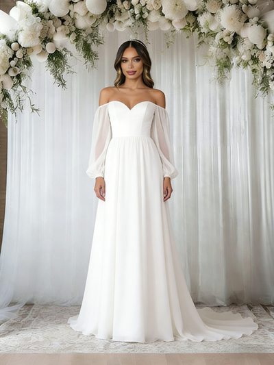 White Long Sleeve Off the Shoulder Wedding Dress