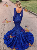 Blue Mermaid Long Sleeve Prom Dress