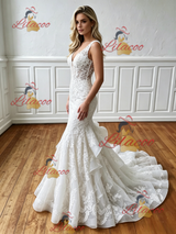 White Mermaid Appliques V-neck Wedding Dress
