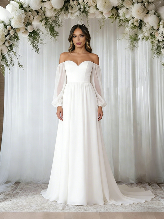 White Long Sleeve Off the Shoulder Wedding Dress