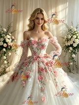 White Tulle Straps Appliques Wedding Dress