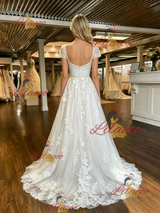 White Tulle Appliques Cap Sleeve Wedding Dress
