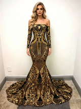 Gold Mermaid Sequins Long Sleeve Prom Dress