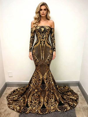 Gold Mermaid Sequins Long Sleeve Prom Dress