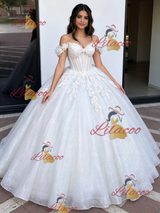 White Tulle Off the Shoulder Appliques Quinceanera Dress