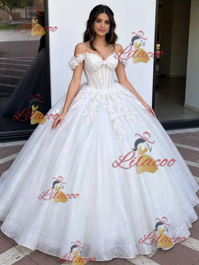 White Tulle Off the Shoulder Appliques Quinceanera Dress