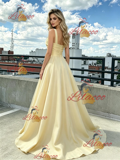 Yellow Tulle Satin Straps Prom Dress