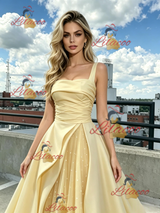 Yellow Tulle Satin Straps Prom Dress