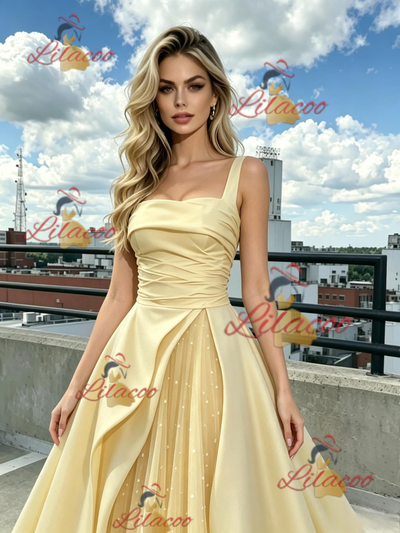 Yellow Tulle Satin Straps Prom Dress
