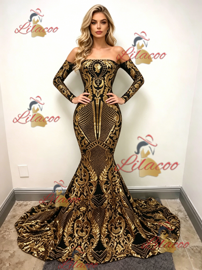 Gold Mermaid Sequins Long Sleeve Prom Dress