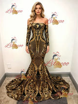 Gold Mermaid Sequins Long Sleeve Prom Dress