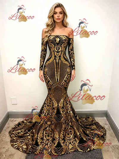 Gold Mermaid Sequins Long Sleeve Prom Dress