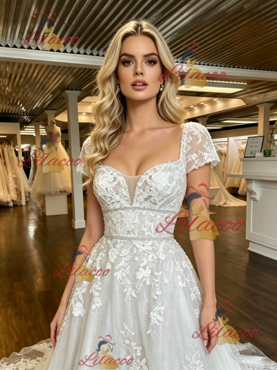 White Tulle Appliques Cap Sleeve Wedding Dress