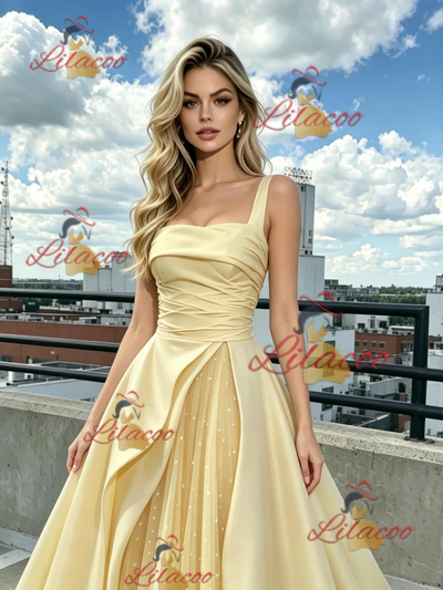 Yellow Tulle Satin Straps Prom Dress