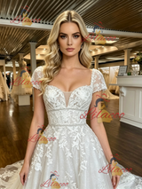 White Tulle Appliques Cap Sleeve Wedding Dress