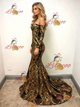 Gold Mermaid Sequins Long Sleeve Prom Dress