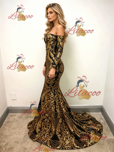 Gold Mermaid Sequins Long Sleeve Prom Dress