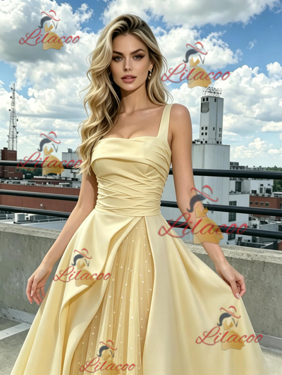 Yellow Tulle Satin Straps Prom Dress