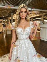 White Tulle Appliques Cap Sleeve Wedding Dress