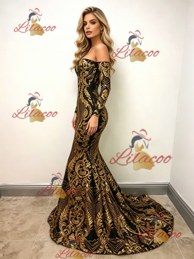 Gold Mermaid Sequins Long Sleeve Prom Dress