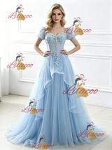 Blue Tulle Puff Sleeve Appliques Prom Dress