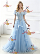 Blue Tulle Puff Sleeve Appliques Prom Dress