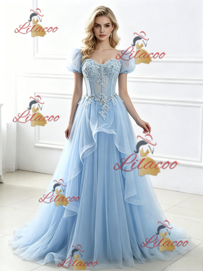 Blue Tulle Puff Sleeve Appliques Prom Dress