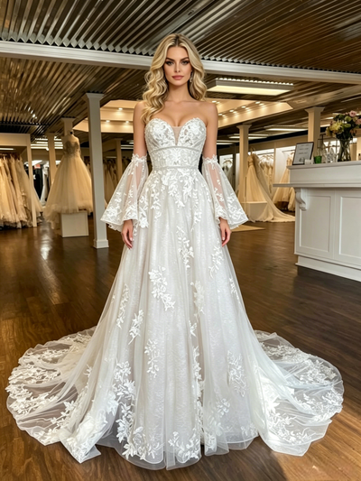 White Tulle Lace Appliques Short Sleeve Wedding Dress