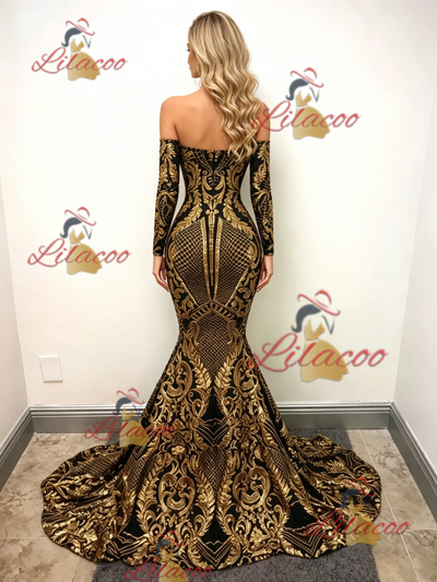 Gold Mermaid Sequins Long Sleeve Prom Dress