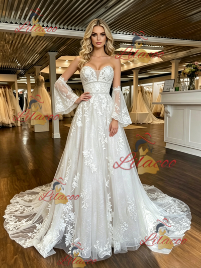 White Tulle Lace Appliques Short Sleeve Wedding Dress
