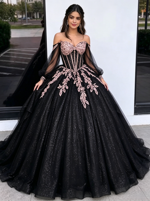 Black Tulle Sequins Long Sleeve Appliques Quinceanera Dress