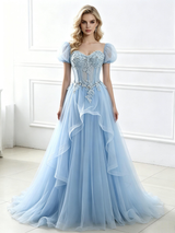 Blue Tulle Puff Sleeve Appliques Prom Dress