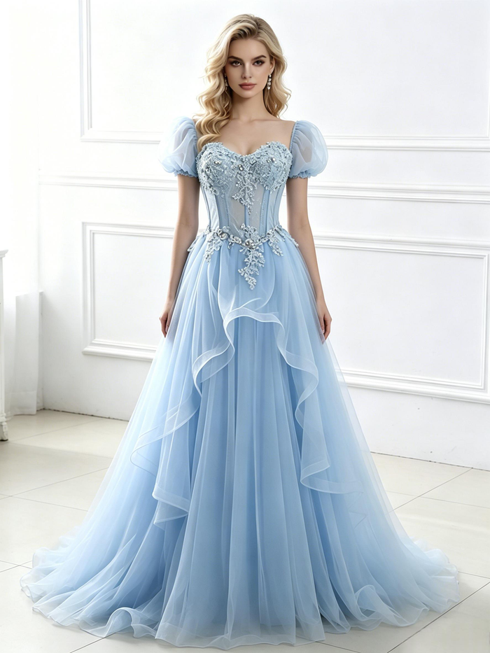 Blue Tulle Puff Sleeve Appliques Prom Dress