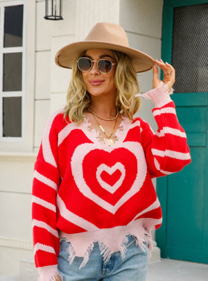 Pullover Love V-neck Cut Fringed Long Sleeve Sweater