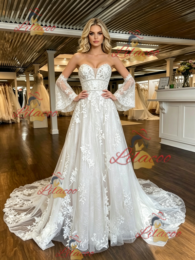 White Tulle Lace Appliques Short Sleeve Wedding Dress