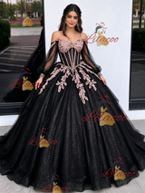 Black Tulle Sequins Long Sleeve Appliques Quinceanera Dress