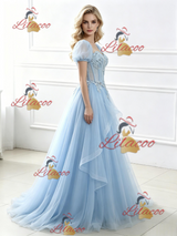 Blue Tulle Puff Sleeve Appliques Prom Dress
